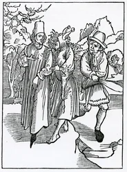Az ebből következő kedvesség és hazugság hangja, illusztráció Alexander Barclay „A bolondok hajója” angol fordításából, egy 1874-ben megjelent kiadásból
