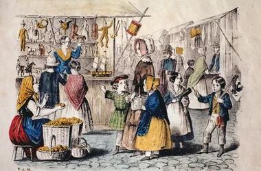 Szabadtéri piac Németországban, 1860 körül (színes gravírozás)