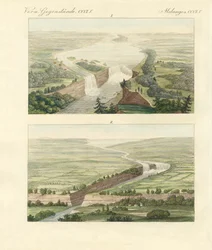 A Niagara-vízesés felett és környezete (színes metszet)