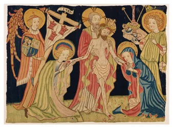 A Szentháromságot, a Szűzanyát, Szent Jánost és két angyalt ábrázoló oltár homlokzati kárpit része Nürnbergből, 1420 körül (gyapjú és lenvászon)
