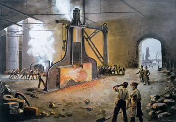 James Nasmyth által 1842-ben Németországban feltalált erőkalapács, E.Zimmer metszett, Hans Kraemer Le XIXeme siecle-ből, 1900 körül (színes gravírozás)