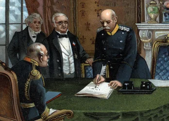1871. február 26-án Versailles-ban aláírt előzetes békeszerződés, a francia-porosz háború vége A köztársaság végrehajtó hatalmának vezetője, Adolphe Thiers úr és Jules Favre külügyminiszter, Franciaország képviselői között