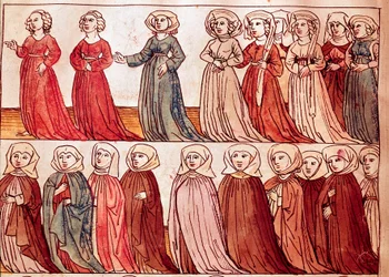 Csehországi nők menete. Miniatúra Ulrich Richental (1360-1437) „A konstanzi zsinat krónikája” című művéből, 1438 körül. Prága, Nemzeti Könyvtár