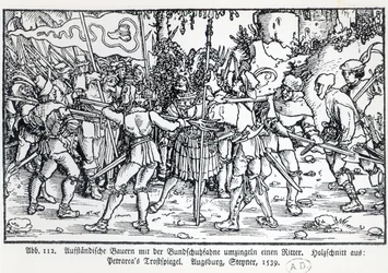 Lázadó parasztok vesznek körül egy lovagot, Petrarch Trostspiegel című könyvének illusztrációja alapján, 1539