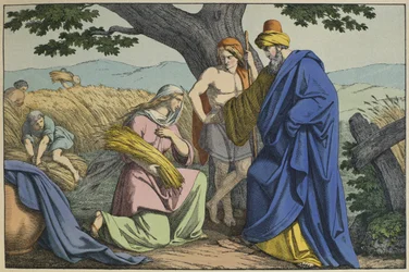 Ruth és Boaz, illusztráció a LAncien Testamentből, kiadó: Jakob Ferdinand Schreiber, Esslingen (színes metszet)