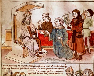 I. Luxemburgi Zsigmond (1368-1437), a Szent Birodalom császára megkapja az engedelmes népek adóját. Miniatűr a „Konstanzi zsinat krónikájából”, Ulrich Richental (1360-1437) 1438 körülbelül Prága, Nemzeti Könyvtár