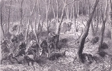 Csetepaté a Párizson kívüli erdőben, Cassells History of the War Franciaország és Németország között, kiadó: Cassell and Company Limited, 1890 körül (litho)
