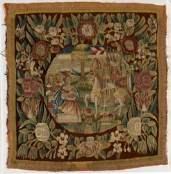 Dávidot és Abigailt ábrázoló gobelin párnahuzat, XXV. Samuel, valószínűleg Hamburgban, Németországban, 1615 körül (gyapjú)