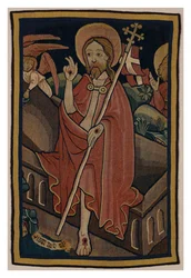 Krisztus feltámadását ábrázoló kárpittöredék Nürnbergből, 1440 körül (gyapjú és lenvászon)