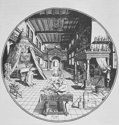 Az alkimista a laboratóriumában, az Amphitheatrum Aeternae Sapientiae-ből, Heinrich Kunrath (1609) a 19. század végén megjelent mágiatörténetben illusztrálva