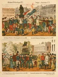 Az elzászi újoncok 1869-ben Strasbourgban (Kleberplatz) és 1872-ben Berlinben (Under den Linden) az Elsaesser Bilderbogentől, kiadó: A. Schneider, Strasbourg, 1873