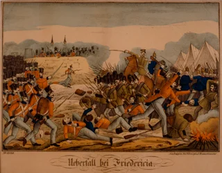 Fredericiai csata az első schleswigi háború alatt, 1849. július 6., Neuruppiner Bilderbogen, kiadó: Oehmigke & Riemschneider, 1850 körül