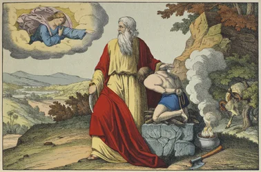 Ábrahám Izsák feláldozása, illusztráció a LAncien Testamentből, kiadó: Jakob Ferdinand Schreiber, Esslingen (színes metszet)