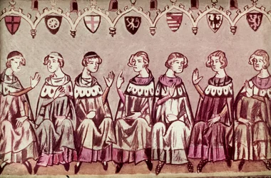 A hét választófejedelem, akik VII. Henriket, a római római császárt választják, illusztráció VII. Henrik krónikájából (Balduineum) 1341 (tinta és színes vellum)