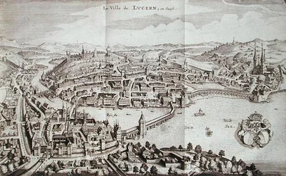 Luzern városa, Svájc, Johann Jacob Scheuchzeri "Itinera Alpina" című, 1706-ban kiadott művéből (metszet).