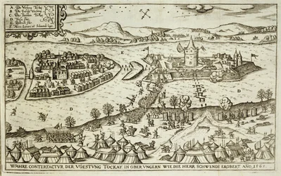 Herr Schwendi 1565-ben a törököktől visszakapott Tokay városa, az európai oszmán hadjáratokról szóló könyv illusztrációja, Paul Furst (kb. 1605-66) metszete