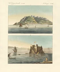 Funchal városa és Fort Loo Madeira szigetén (színes metszet)