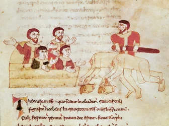 Színházi jelenet, a bal oldali közönség tapsol a színészek előadásának, a Miniatűr a „De Universo” (vagy De rerum naturis (A dolgok természetéről)) (cod. 132) Rabanus Maurus Magnentius (vagy Raban) kéziratából. Maur vagy Rabano Mauro) (kb.