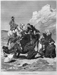 Turisták tevéken, Georg Moritz Ebers (1837-98) Egyiptomból, 1881 (bw metszet)