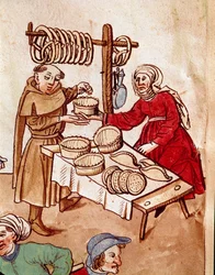 Kereskedelem: egy kenyérárus. Miniatúra Ulrich Richental (1360-1437) „A konstanzi zsinat krónikája” című művéből, körülbelül 1438. Prága, Nemzeti Könyvtár