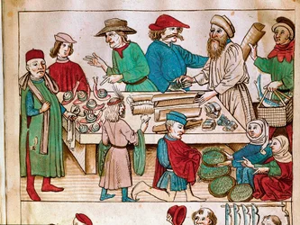 Kereskedelem: utcai jelenet. Miniatúra Ulrich Richental (1360-1437) „A konstanzi zsinat krónikája” című művéből, körülbelül 1438. Prága, Nemzeti Könyvtár