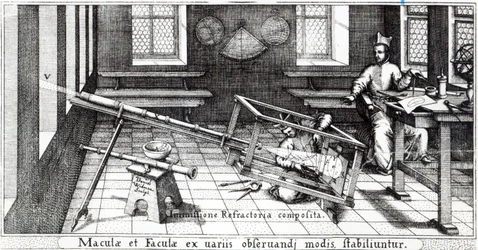 Különféle módszerek a napfoltok megfigyelésére, illusztráció Christoph Scheiner „Rosa Orsina” című művéből, 1630-ban megjelent (metszet) (f/w fotó) (294057. részlet)