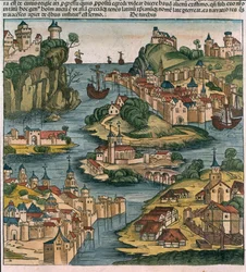 A Boszporusz látképe a Fekete-tenger felől érkezve, Hartmann Schedel (1440-1514) Nürnbergi krónikájából, 1493