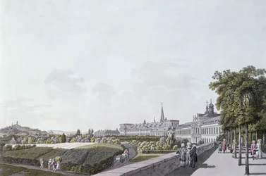 Kilátás a kölni érsekek és választófejedelmek rezidenciájára, Bonnban (színes metszet)