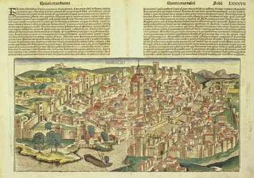 Kilátás Firenze fallal körülvett városára, Hartmann Schedel (1440-1514) Nürnbergi Krónikájából 1493