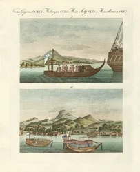 Kilátás Japán tengerpartjára japán járművek mellett (színes gravírozás)