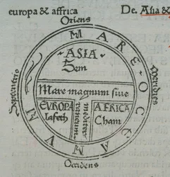 f.177v T-in-O térkép magasnyomásos helynevekkel, Sevillai Izidortól, Liber Etimologiarvm