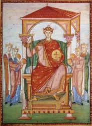 III. Ottó (980-1002) német császár fogadja a nemzetek hódolatát. Miniatúra a „III. Ottó evangeliáriuma“ című kéziratból, a 10. század vége. Chantilly, Condé Múzeum