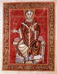 Eveque Egbert de Treves kapja a zsoltárt Rudprecht szerzetes (itt nincs ábrázolva) - A Reichenau iskola Egbert-kódexének (Codex Egberti) miniatúrája, 980 - Cividale del friuli, museo archeologico vagy Cathedrale de Civid