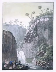 Felfedezők Humboldt expedíciójával a mexikói Regla bazaltszikláiban, Jules Ferrario „Le Costume Ancien et Moderne” 60. táblája, az 1820-as és 30-as évek körül megjelent