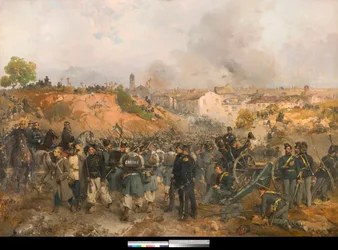 Risorgimento, Második olasz függetlenségi háború: A palesztrói csata 1859. május 30-án az Osztrák Császárság és a Szardíniai-Piemonti Királyság, valamint Franciaország egyesített erői között Gerolamo Induno (1825-1890) festménye 1860 Magántulajdonban 1860