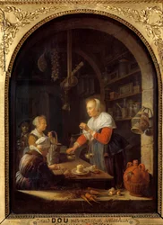 A falu élelmiszerboltja (háttérben a festő arcképével) Gerard Dou festménye (1613-1675) 1647 V. 0,38x0,29 m