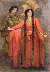Ó, holnap soha nem látja a nap „Macbeth” illusztrációját az 1910 körül megjelent „Shakespeare történetei: Thomas Carter által újra elmesélt” című könyvben (színes litó)