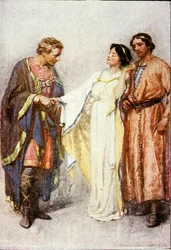 Azt mondta, hogy valóban nem szabad elmennie. Illusztráció a "Téli mese"-ből a "Shakespeare-történetek: Thomas Carter által újra elmesélt" 1910 körül megjelent (színes litó) c.