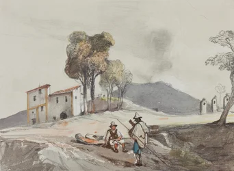 Pásztorok a Vezúval a távolban, Borbone-tanuló kiegészítéseivel (ceruza, wc és gouache papíron)