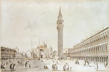 Kilátás a Piazza San Marco-ra, kilátással a Bazilikára és a Campanile-ra (toll és tinta mosással papíron)