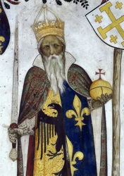 Saluzzo márki és feleségeik történelmi és mitológiai hősként és hősnőként való ábrázolása. Részlet: Manfredo III. mint Nagy Károly. 1418-30