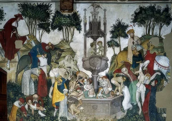Az ifjúság forrása. Részlet: érkezők és a forrásban fürdőzők. 1418-30