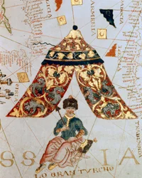 Részlet Giacomo de Maggiolo térképész Soliman (Szulejmán) szultánt ábrázoló térképéről, azt mondtam, a csodálatos (1520-1566) „a nagy török”-nek nevezett. Miniatűr. Tengerészeti Múzeum, Genes