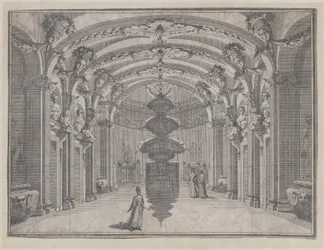 Színházi jelenet egy nagyteremben, boltíves mennyezettel és központi szoborral, ..., kb. 1687-1717.
