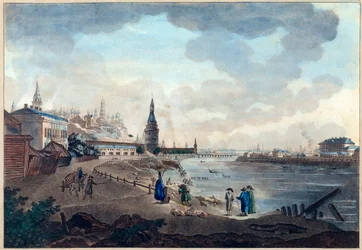 Kilátás a moszkvai Kremlre a Moszkva feletti kőhídról (Moskva vagy Moskwa). Giacomo Antonio Domenico Quarenghi (1744-1817) alkotása, akvarell és tus papírra, 1790 körül. Olasz művészet