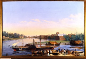Kilátás a Pó-parti Pavia (Pavia) kikötőjére és a Principessa Clementina gőzhajóra””””” Giacomo Trecourt (1812-1882) festménye XIX.