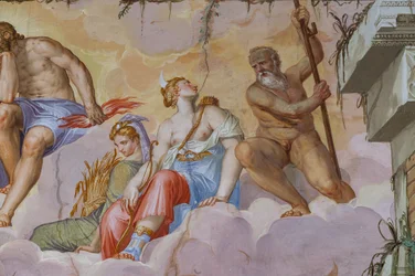 Ceres (a szüret istennője egy köteggel) és Diana (az íjászat istennője), az Olimposz szobájának részlete, 1557 körül (freskó)