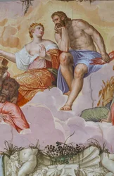 Juno és Jupiter felhőkön hever, építészeti romok felett, az Olimposz termének részlete, 1557 körül (freskó)