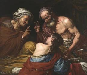 Isaac benit Jacob – Izsák megáldja Jacobot, írta Langetti, Giovan Battista (1635-1676). Olaj, vászon, 1660 és 1670 között. Mérete: 109x126 cm. Muzeul National Brukenthal, Nagyszeben