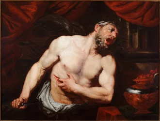 Uticai Cato öngyilkossága (Marcus Porcius Cato Uticensis vagy Ifjabb Cato) (Kr. e. 95-46), római politikus. Giambattista Langetti (1621-1676) festménye, mérete 93 x 123 cm, Genova, Musei di Strada Nuova